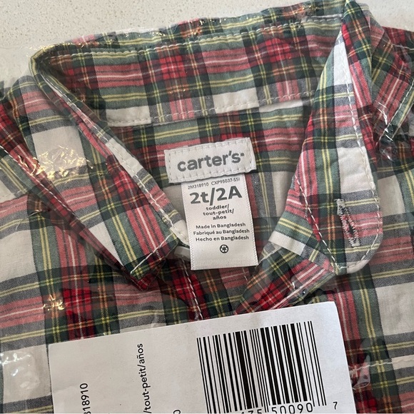 NEW Carter’s long sleeve button down, red green. Sz 2T. Christmas/holiday - Picture 2 of 3